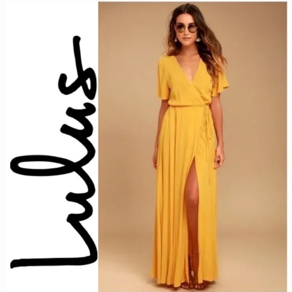 Lulus Dresses & Skirts - Lulu’s Much Obliged Golden Yellow Wrap Maxi Dress Adjustable Waist Tie XS